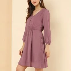Allegra K Women's Elastic Waist Flowy Dress V Neck 3/4 Sleeve A-line Chiffon Dresses