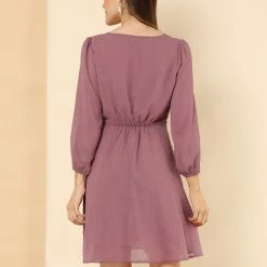 Allegra K Women's Elastic Waist Flowy Dress V Neck 3/4 Sleeve A-line Chiffon Dresses