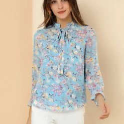Allegra K Long Sleeve Tie Neck Ruffle Collar Floral Print Top