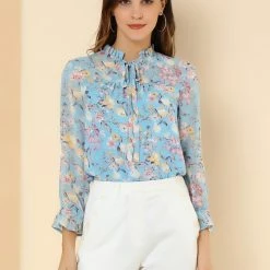 Allegra K Long Sleeve Tie Neck Ruffle Collar Floral Print Top