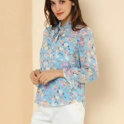 Allegra K Long Sleeve Tie Neck Ruffle Collar Floral Print Top
