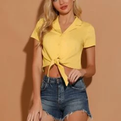 Allegra K Women's Chambray Crop Shirt Short Sleeve Tie Front Cropped Summer Tops
