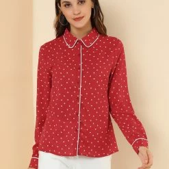 Allegra K Long Sleeve Button Down Polka Dot Shirt