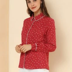Allegra K Long Sleeve Button Down Polka Dot Shirt