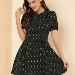 Allegra K Women's Heart Print Dresses Puff Short Sleeve Chiffon Peter Pan Collar A Line Mini Dress