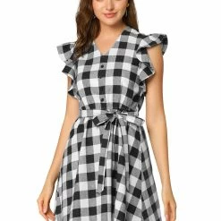 Allegra K Women's Ruffled Sleeve Belted Vintage Check Plaids Dress