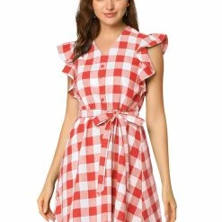 Allegra K Women's Ruffled Sleeve Belted Vintage Check Plaids Dress