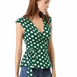 Allegra K V Neck Sleeveless Self Tie Wrap Front Dotted Top