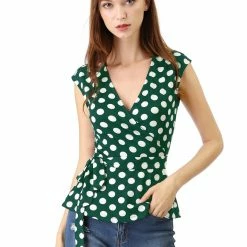 Allegra K V Neck Sleeveless Self Tie Wrap Front Dotted Top
