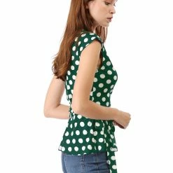 Allegra K V Neck Sleeveless Self Tie Wrap Front Dotted Top