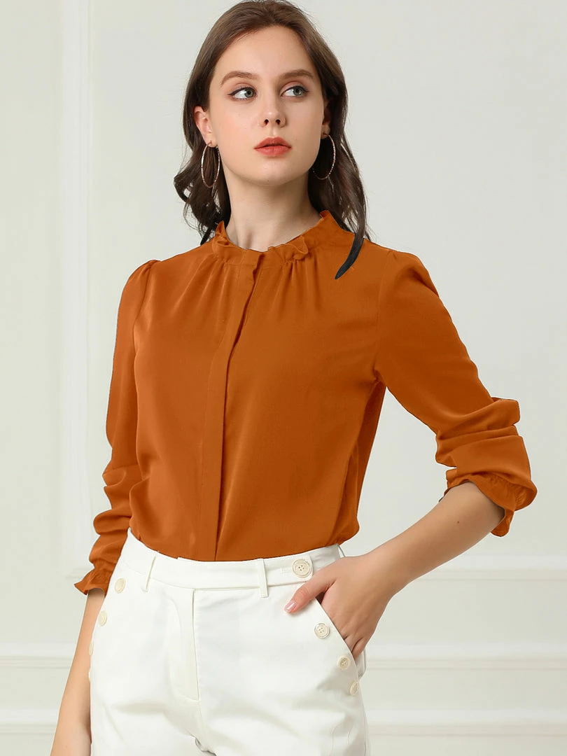 Allegra K Women's Button-Down Work Office Tops Chiffon Ruffled Stand Collar Blouse 9 Allegra K Women's Button-Down Work Office Tops Chiffon Ruffled Stand Collar Blouse