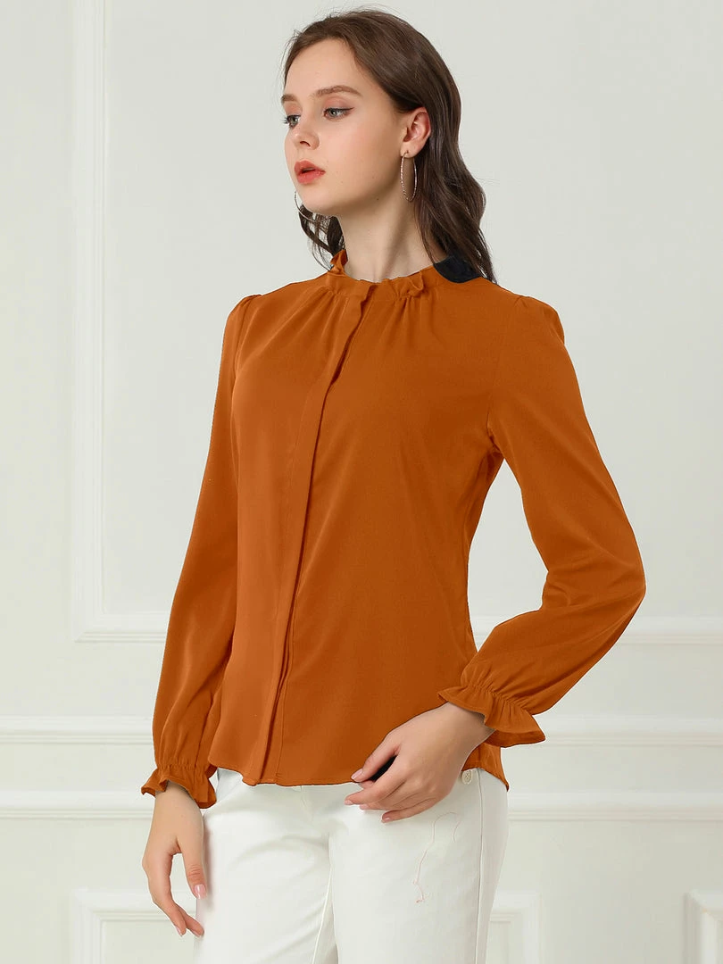 Allegra K Women's Button-Down Work Office Tops Chiffon Ruffled Stand Collar Blouse 11 Allegra K Women's Button-Down Work Office Tops Chiffon Ruffled Stand Collar Blouse