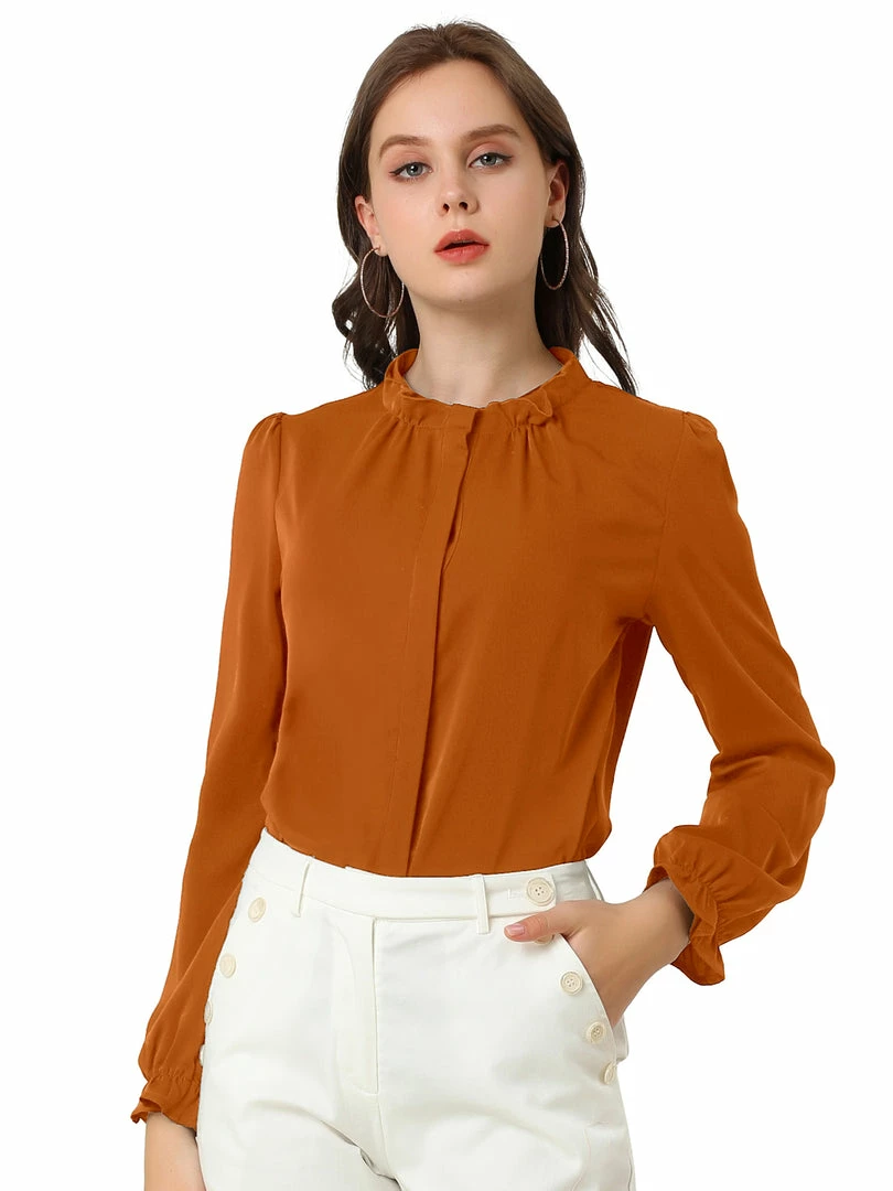 Allegra K Women's Button-Down Work Office Tops Chiffon Ruffled Stand Collar Blouse 8 Allegra K Women's Button-Down Work Office Tops Chiffon Ruffled Stand Collar Blouse