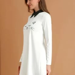 Allegra K Women Contrast Collar Flare Hem Above Knee Dress