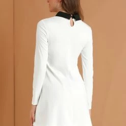 Allegra K Women Contrast Collar Flare Hem Above Knee Dress