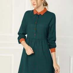 Allegra K Women's Plaid Long Sleeve Half Placket Contrast Point Collar Shirt Dress