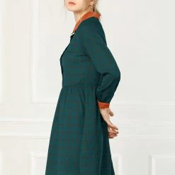 Allegra K Women's Plaid Long Sleeve Half Placket Contrast Point Collar Shirt Dress