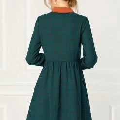 Allegra K Women's Plaid Long Sleeve Half Placket Contrast Point Collar Shirt Dress