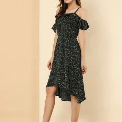Allegra K Spaghatti Straps Ruffled Sleeves Asymmetrical Floral Dress