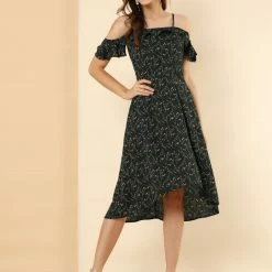 Allegra K Spaghatti Straps Ruffled Sleeves Asymmetrical Floral Dress