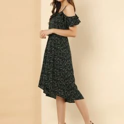 Allegra K Spaghatti Straps Ruffled Sleeves Asymmetrical Floral Dress