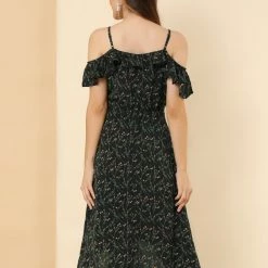 Allegra K Spaghatti Straps Ruffled Sleeves Asymmetrical Floral Dress