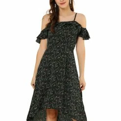 Allegra K Spaghatti Straps Ruffled Sleeves Asymmetrical Floral Dress