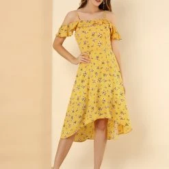 Allegra K Spaghatti Straps Ruffled Sleeves Asymmetrical Floral Dress