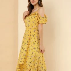 Allegra K Spaghatti Straps Ruffled Sleeves Asymmetrical Floral Dress