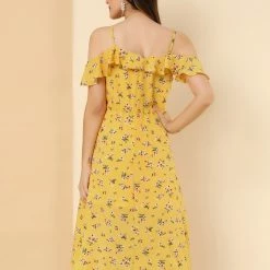 Allegra K Spaghatti Straps Ruffled Sleeves Asymmetrical Floral Dress