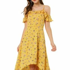 Allegra K Spaghatti Straps Ruffled Sleeves Asymmetrical Floral Dress