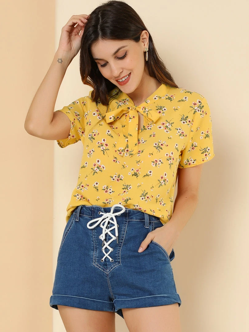 Allegra K Tie Bow Neck Cherry Printed Blouse Clothing 29 Allegra K Tie Bow Neck Cherry Printed Blouse Clothing