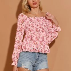 Women Allegra K Square Neck Long Bell Sleeve Floral Print Smocked Blouse
