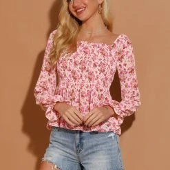 Women Allegra K Square Neck Long Bell Sleeve Floral Print Smocked Blouse