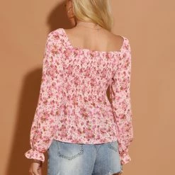 Women Allegra K Square Neck Long Bell Sleeve Floral Print Smocked Blouse