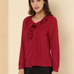 Allegra K Women's Ruffle V Neck Chiffon Blouse For Office Work Pleated Vintage Shirt