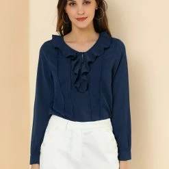 Allegra K Women's Ruffle V Neck Chiffon Blouse For Office Work Pleated Vintage Shirt