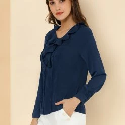 Allegra K Women's Ruffle V Neck Chiffon Blouse For Office Work Pleated Vintage Shirt