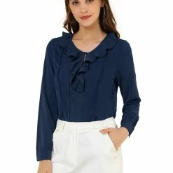 Allegra K Women's Ruffle V Neck Chiffon Blouse For Office Work Pleated Vintage Shirt
