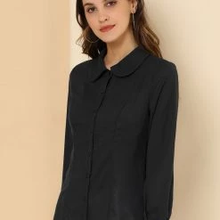 Allegra K Women's Button Up Shirt Career Peter Pan Collar Long Bishop Sleeve Blouse