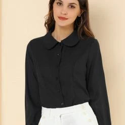 Allegra K Women's Button Up Shirt Career Peter Pan Collar Long Bishop Sleeve Blouse