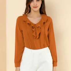 Allegra K Women's Ruffle V Neck Chiffon Blouse For Office Work Pleated Vintage Shirt
