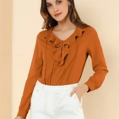 Allegra K Women's Ruffle V Neck Chiffon Blouse For Office Work Pleated Vintage Shirt