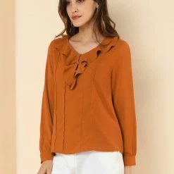 Allegra K Women's Ruffle V Neck Chiffon Blouse For Office Work Pleated Vintage Shirt