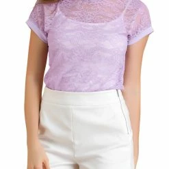 Allegra K Curved Hem Sheer Short Sleeves Floral Lace Top