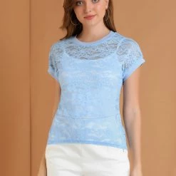 Allegra K Curved Hem Sheer Short Sleeves Floral Lace Top