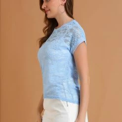 Allegra K Curved Hem Sheer Short Sleeves Floral Lace Top