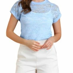 Allegra K Curved Hem Sheer Short Sleeves Floral Lace Top