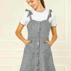 Allegra K Women's Strap Button Down Faux Suede A-Line Mini Overall Dress 70 Allegra K Women's Strap Button Down Faux Suede A-Line Mini Overall Dress