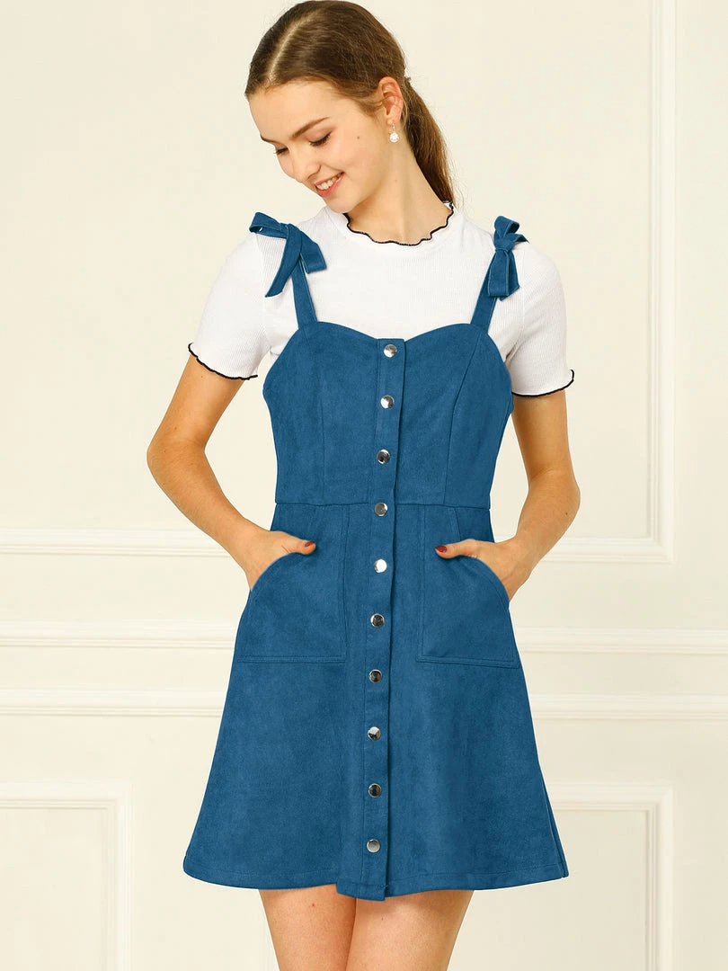 Allegra K Women's Strap Button Down Faux Suede A-Line Mini Overall Dress 10 Allegra K Women's Strap Button Down Faux Suede A-Line Mini Overall Dress